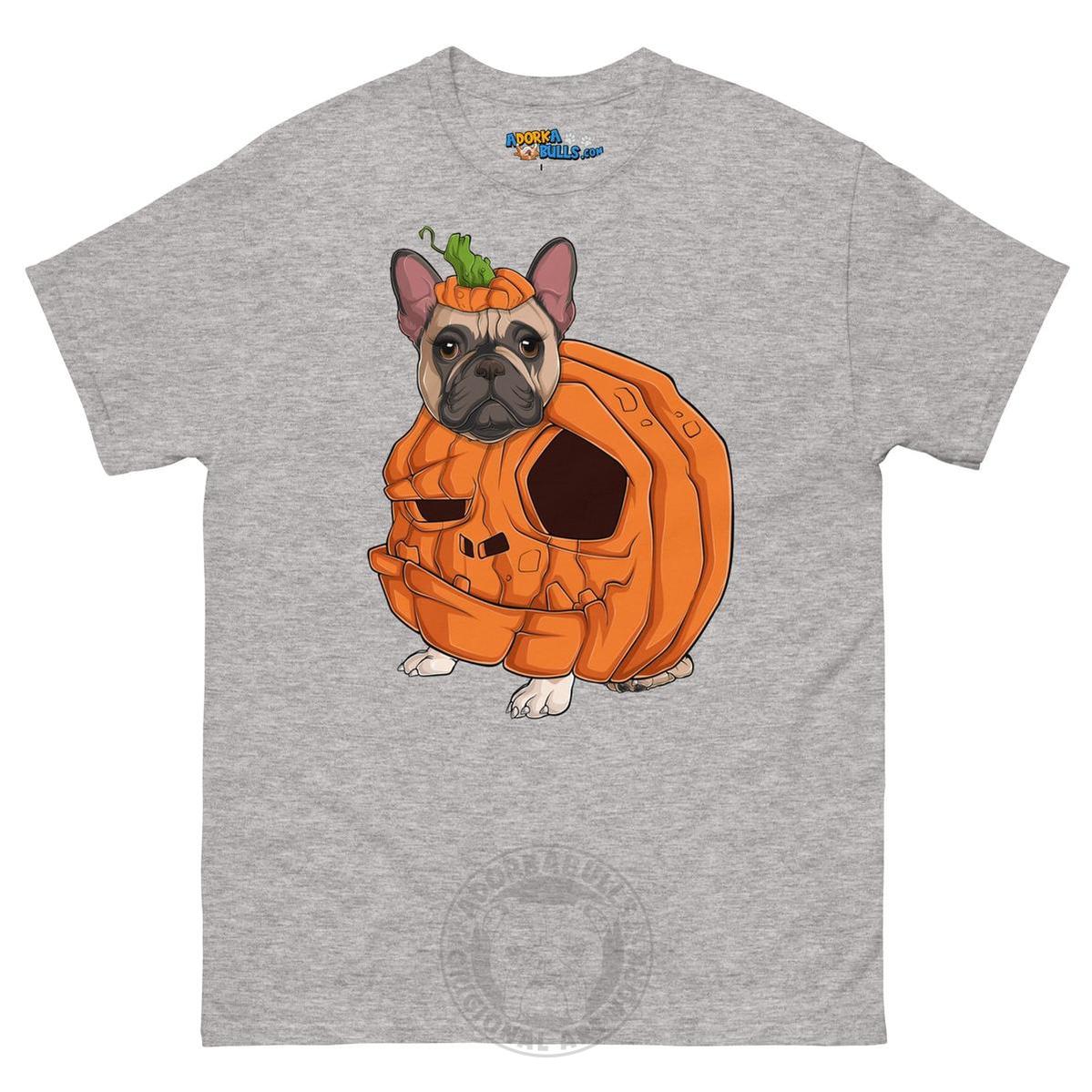 Halloween Pumpkin Bulldog Tee | Frenchie · Fawn &amp; White · Female | Sport Grey