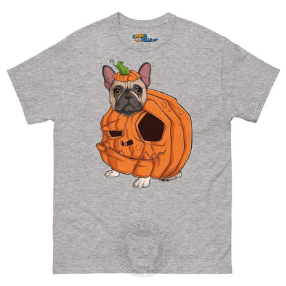 Halloween Pumpkin Bulldog Tee | Frenchie · Fawn &amp; White · Female | Sport Grey