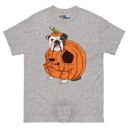Halloween Pumpkin Bulldog Tee | English Bulldog · Black &amp; White · Male | Sport Grey