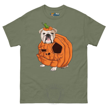 Halloween Pumpkin Bulldog Tee | English Bulldog · Fawn &amp; White · Male | Military Green