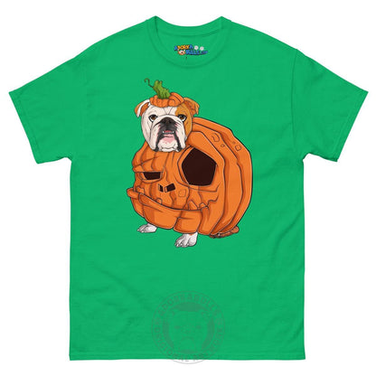 Halloween Pumpkin Bulldog Tee | English Bulldog · Red &amp; White · Male | Irish Green