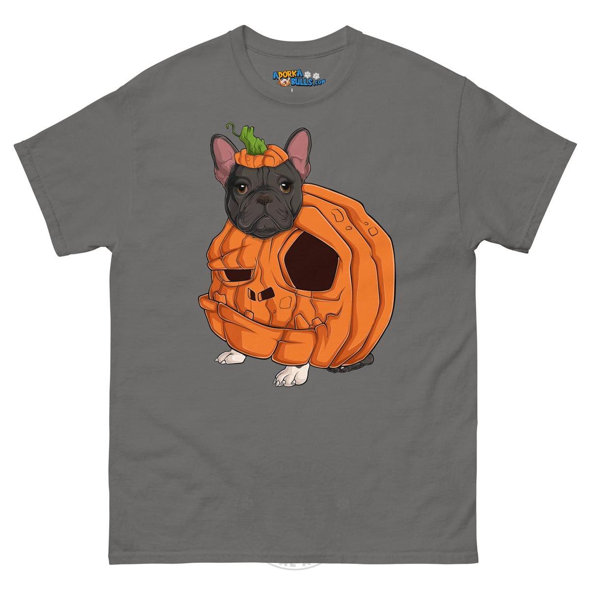 Halloween Pumpkin Bulldog Tee | Frenchie · Black &amp; White · Female | Charcoal