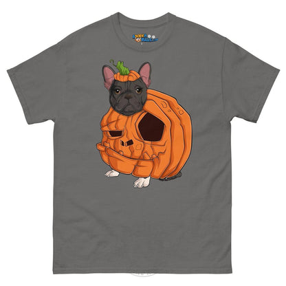 Halloween Pumpkin Bulldog Tee | Frenchie · Black &amp; White · Female | Charcoal