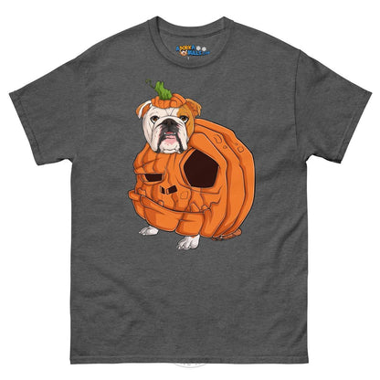 Halloween Pumpkin Bulldog Tee | English Bulldog · Red &amp; White · Male | Dark Heather