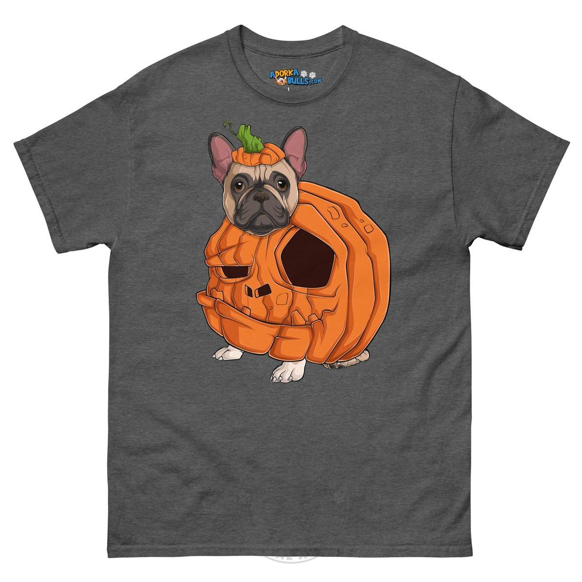 Halloween Pumpkin Bulldog Tee | Frenchie · Fawn &amp; White · Male | Dark Heather