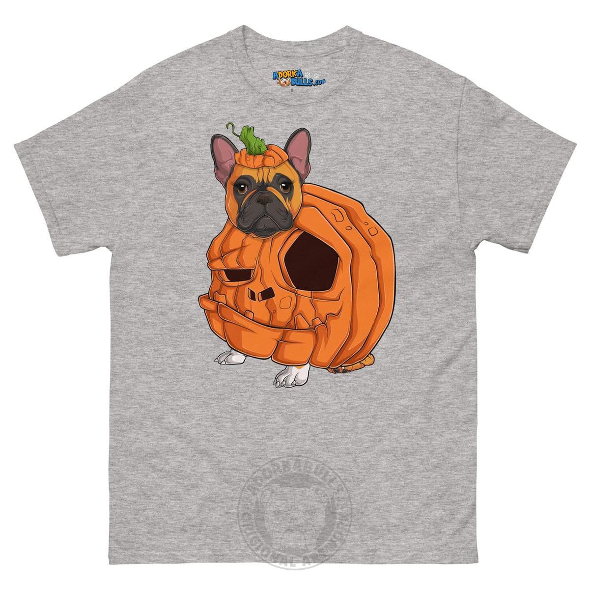 Halloween Pumpkin Bulldog Tee | Frenchie · Red &amp; White · Female | Sport Grey
