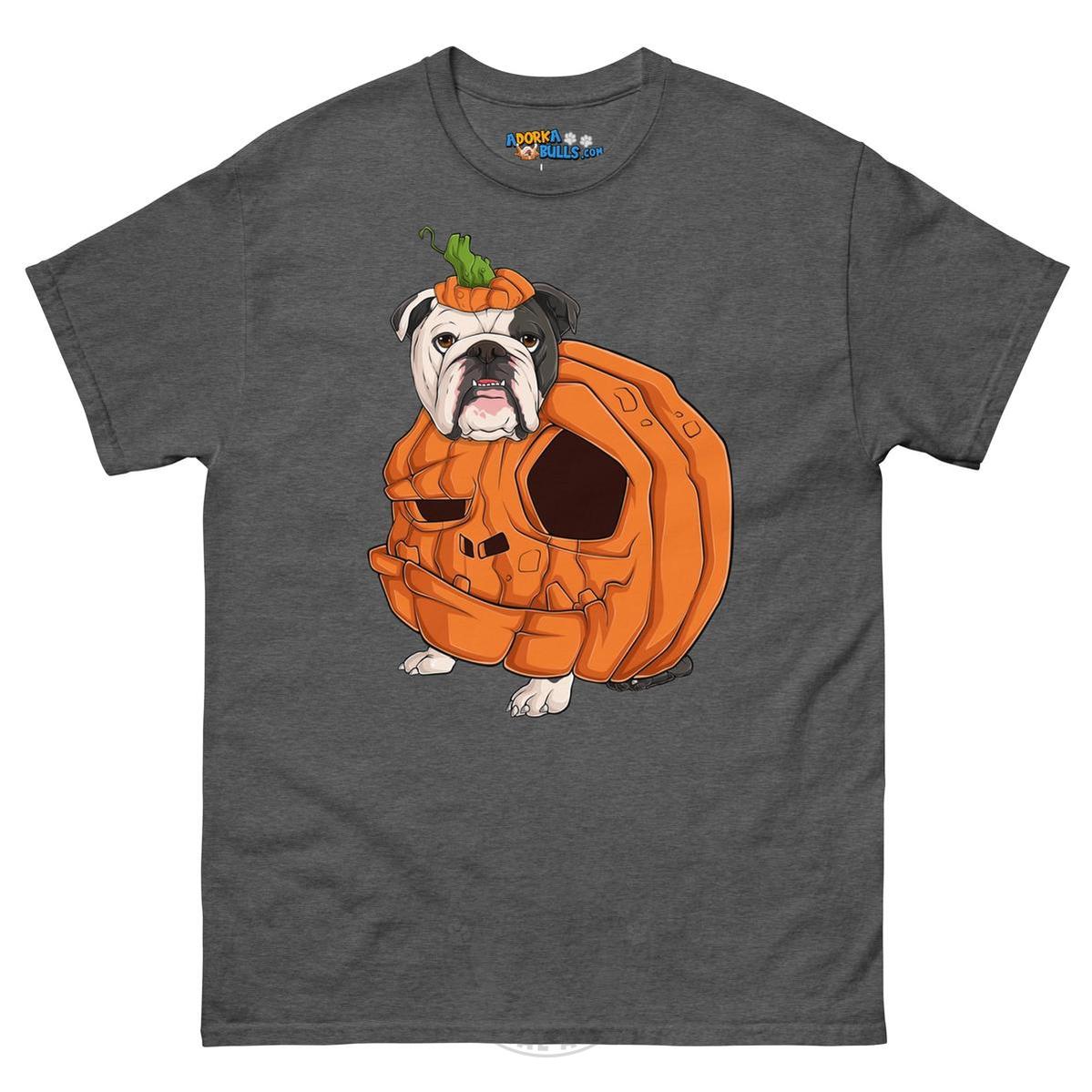 Halloween Pumpkin Bulldog Tee | English Bulldog · Black &amp; White · Male | Dark Heather