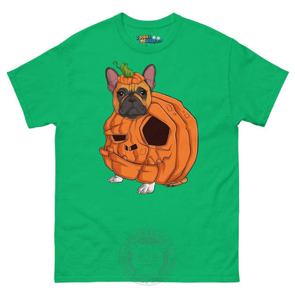 Halloween Pumpkin Bulldog Tee | Frenchie · Red &amp; White · Female | Irish Green