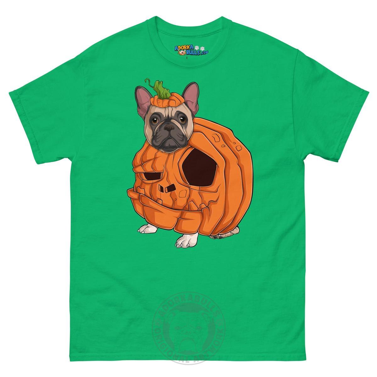 Halloween Pumpkin Bulldog Tee | Frenchie · Fawn &amp; White · Male | Irish Green