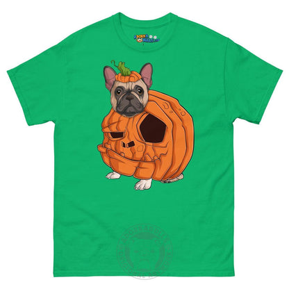 Halloween Pumpkin Bulldog Tee | Frenchie · Fawn &amp; White · Male | Irish Green