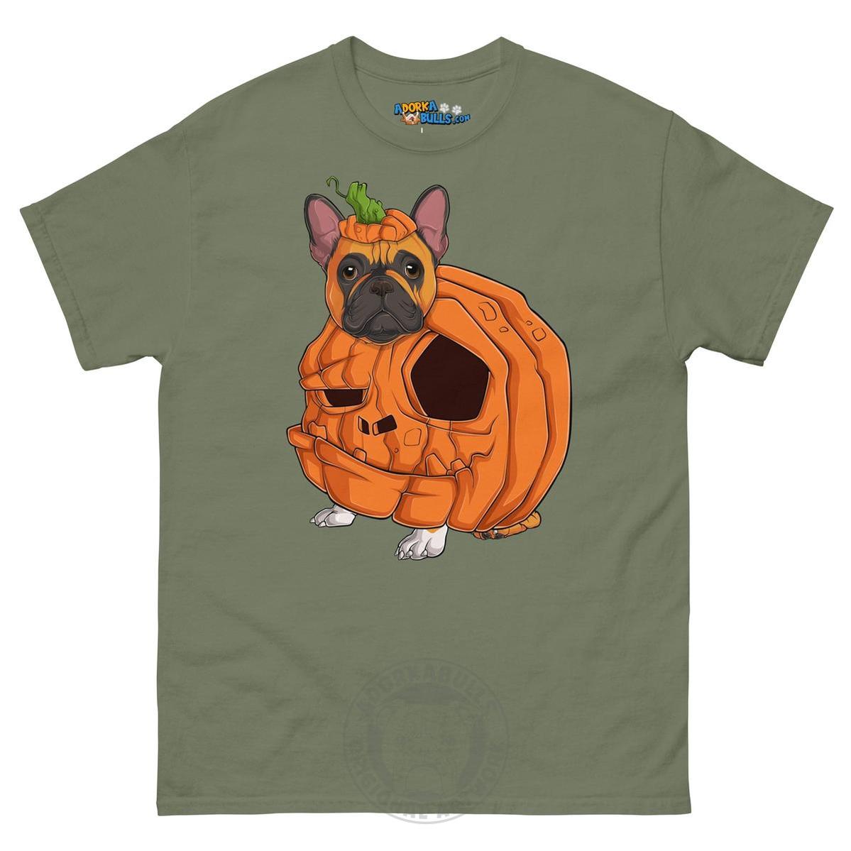 Halloween Pumpkin Bulldog Tee | Frenchie · Red &amp; White · Male | Military Green