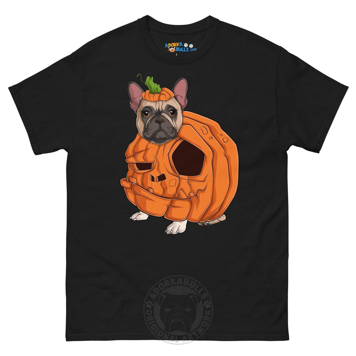 Halloween Pumpkin Bulldog Tee | Frenchie · Fawn &amp; White · Female | Black