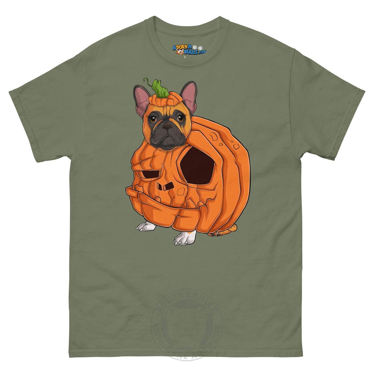 Halloween Pumpkin Bulldog Tee | Frenchie · Red &amp; White · Female | Military Green