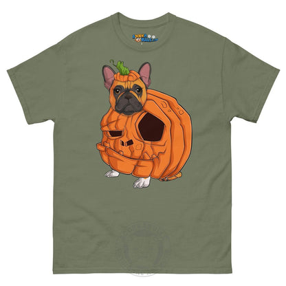 Halloween Pumpkin Bulldog Tee | Frenchie · Red &amp; White · Female | Military Green
