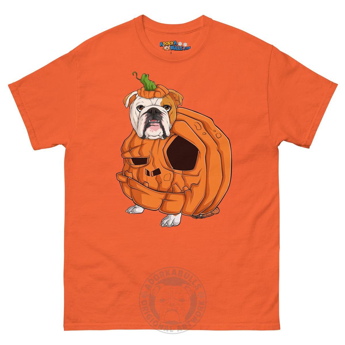 Halloween Pumpkin Bulldog Tee | English Bulldog · Red &amp; White · Male | Orange