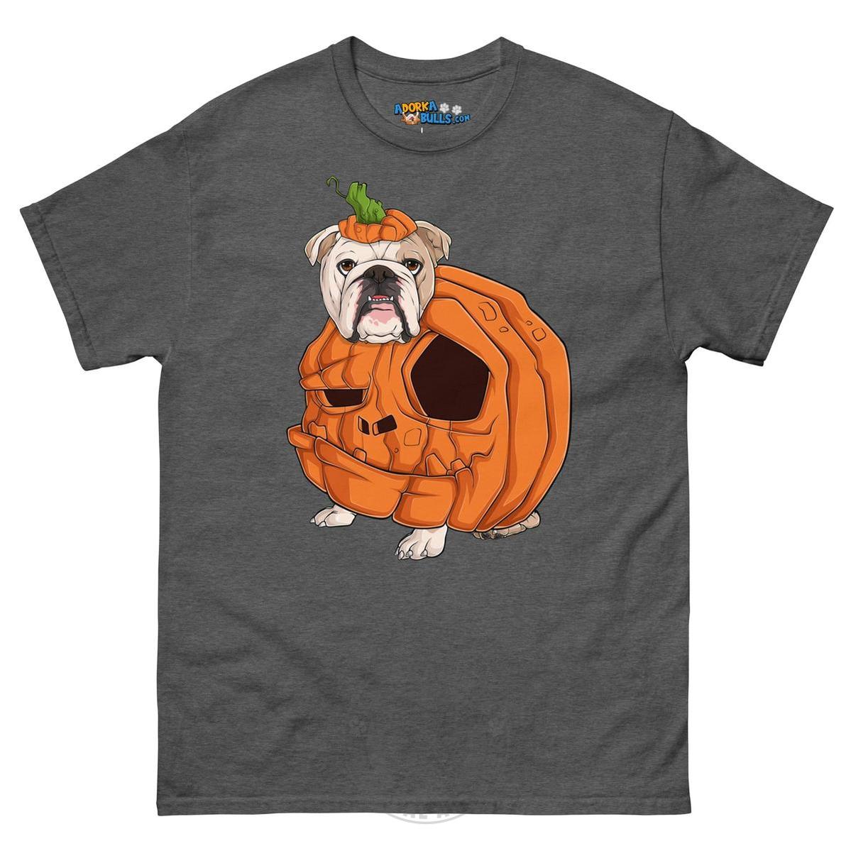 Halloween Pumpkin Bulldog Tee | English Bulldog · Fawn &amp; White · Male | Dark Heather