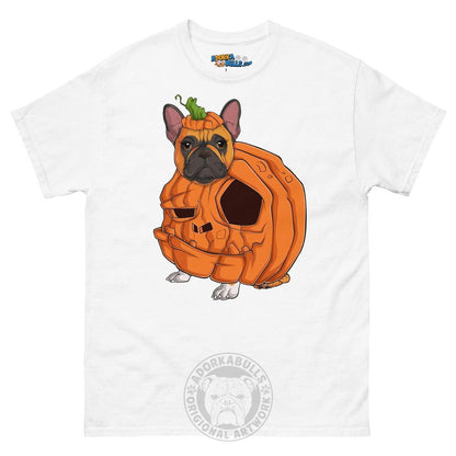 Halloween Pumpkin Bulldog Tee | Frenchie · Red &amp; White · Female | White