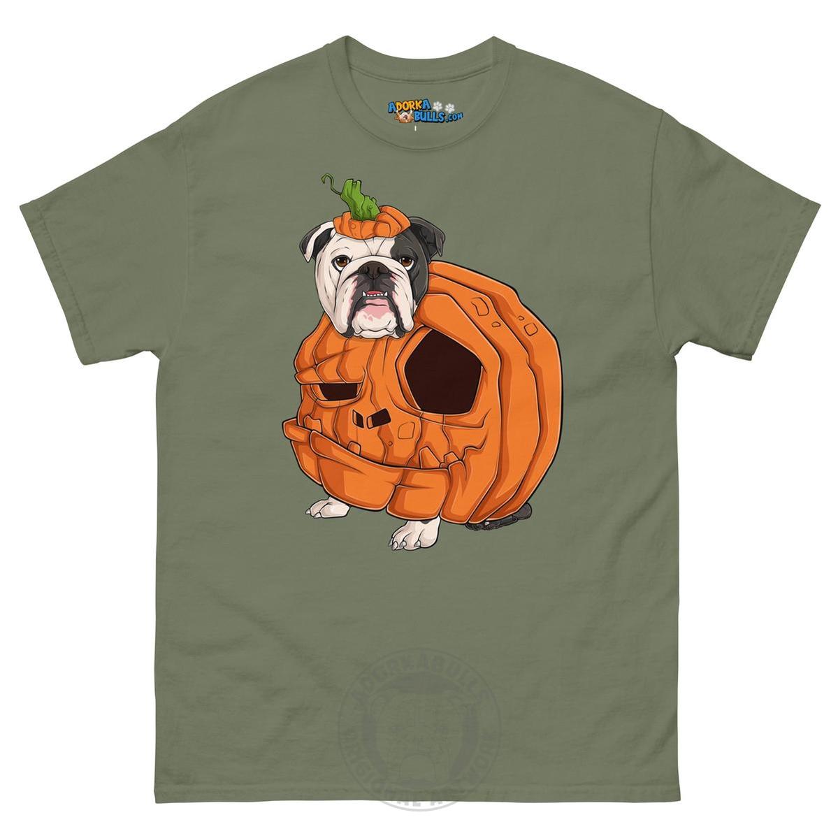 Halloween Pumpkin Bulldog Tee | English Bulldog · Black &amp; White · Male | Military Green