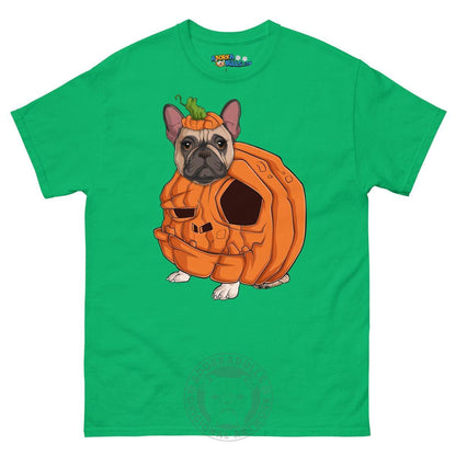 Halloween Pumpkin Bulldog Tee | Frenchie · Fawn &amp; White · Female | Irish Green
