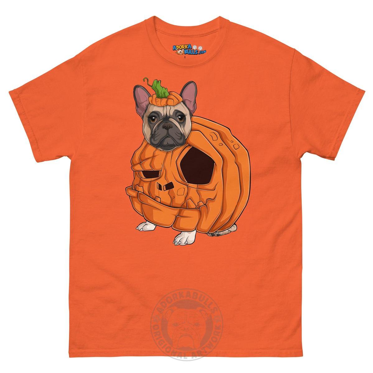 Halloween Pumpkin Bulldog Tee | Frenchie · Fawn &amp; White · Female | Orange