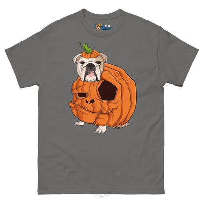 Halloween Pumpkin Bulldog Tee | English Bulldog · Fawn &amp; White · Female | Charcoal