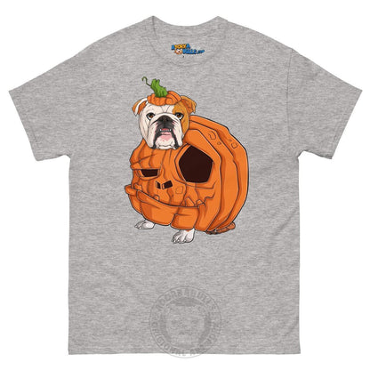 Halloween Pumpkin Bulldog Tee | English Bulldog · Red &amp; White · Male | Sport Grey