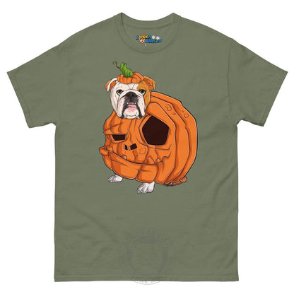 Halloween Pumpkin Bulldog Tee | English Bulldog · Red &amp; White · Male | Military Green