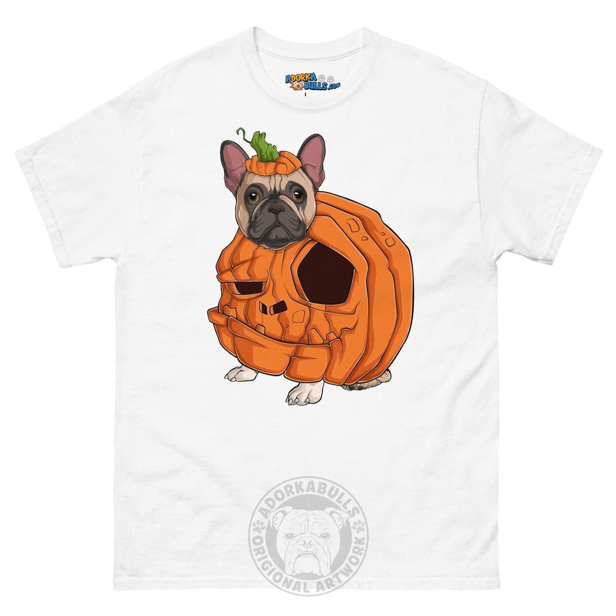 Halloween Pumpkin Bulldog Tee | Frenchie · Fawn &amp; White · Male | White