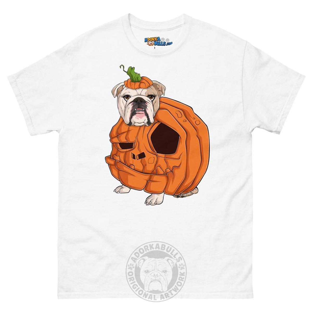 Halloween Pumpkin Bulldog Tee | English Bulldog · Fawn &amp; White · Female | White