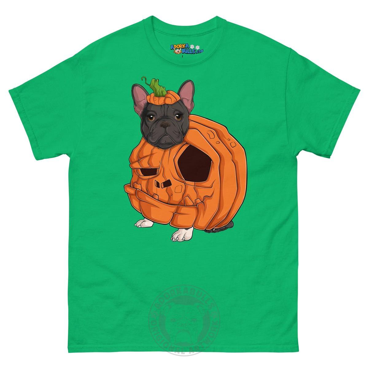 Halloween Pumpkin Bulldog Tee | Frenchie · Black &amp; White · Female | Irish Green