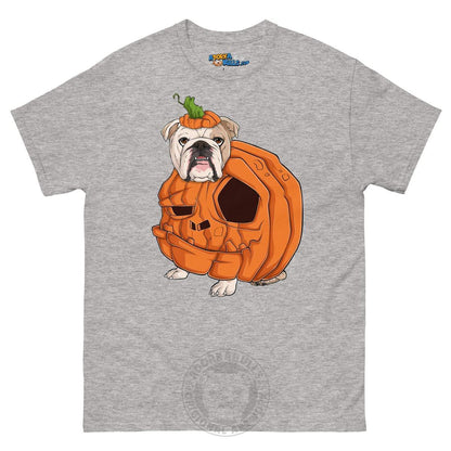 Halloween Pumpkin Bulldog Tee | English Bulldog · Fawn &amp; White · Male | Sport Grey