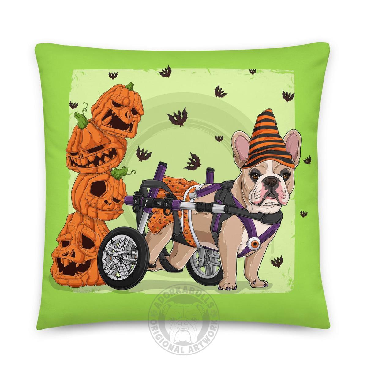 Halloween Pumpkin &amp; Bats Bulldog Throw Pillow | Wheelchair | Frenchie · Fawn &amp; White · Female