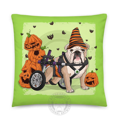 Halloween Pumpkin &amp; Bats Bulldog Throw Pillow | Wheelchair | English Bulldog · Fawn &amp; White · Male
