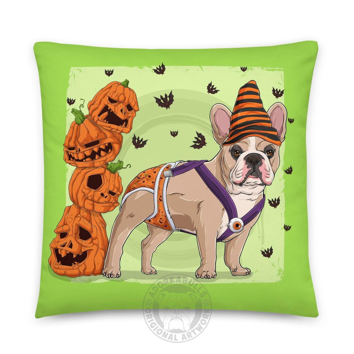 Halloween Pumpkin &amp; Bats Bulldog Throw Pillow | Spina Bifida | Frenchie · Fawn &amp; White · Male