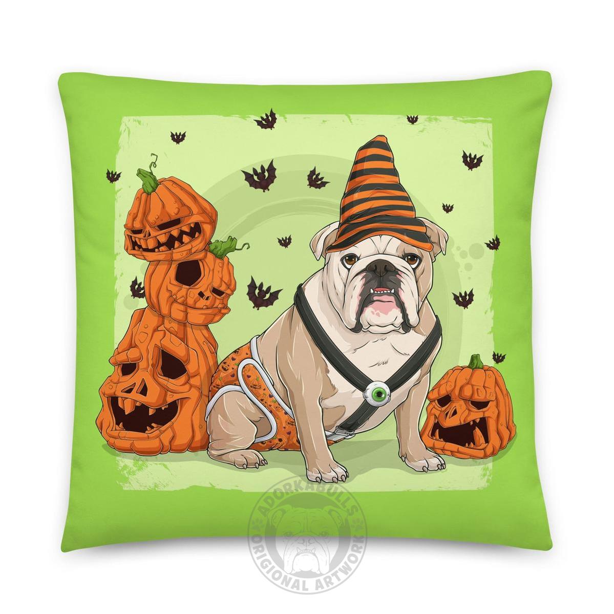 Halloween Pumpkin &amp; Bats Bulldog Throw Pillow | Spina Bifida | English Bulldog · Fawn &amp; White · Male