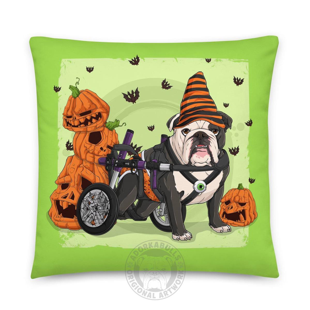 Halloween Pumpkin &amp; Bats Bulldog Throw Pillow | Wheelchair | English Bulldog · Black &amp; White · Male