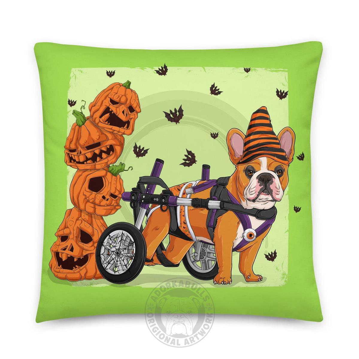 Halloween Pumpkin &amp; Bats Bulldog Throw Pillow | Wheelchair | Frenchie · Red &amp; White · Male