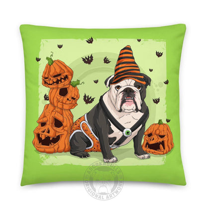 Halloween Pumpkin &amp; Bats Bulldog Throw Pillow | Spina Bifida | English Bulldog · Black &amp; White · Male