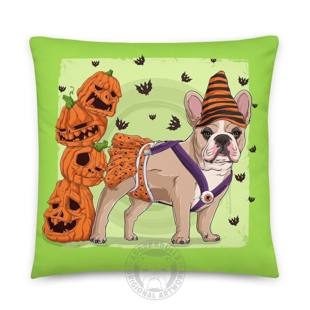 Halloween Pumpkin &amp; Bats Bulldog Throw Pillow | Spina Bifida | Frenchie · Fawn &amp; White · Female
