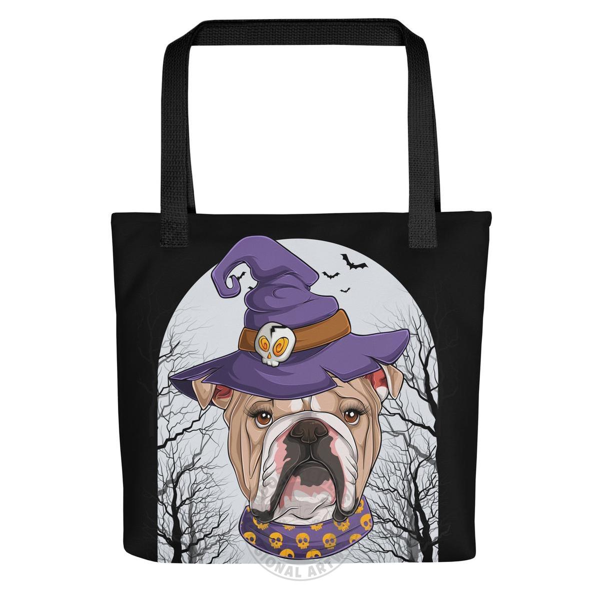 Halloween Witch Bulldog Tote Bag | English Bulldog · Fawn &amp; White · Female