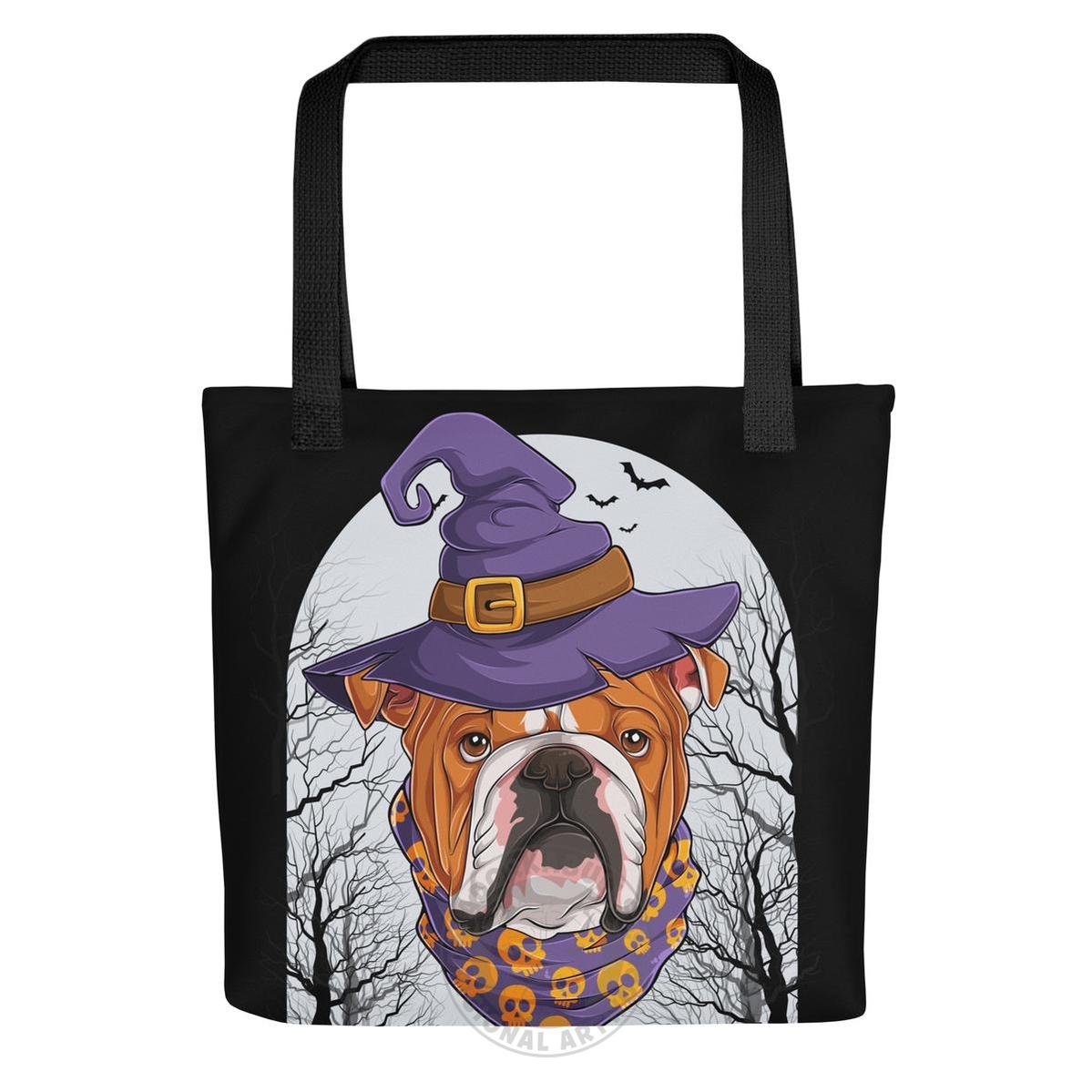 Halloween Witch Bulldog Tote Bag | English Bulldog · Red &amp; White · Male