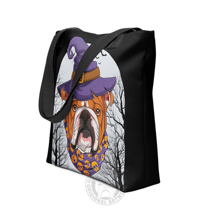 Halloween Witch Bulldog Tote Bag | English Bulldog · Red &amp; White · Male