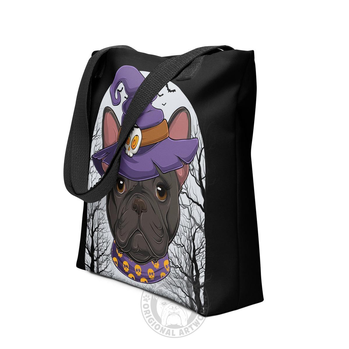 Halloween Witch Bulldog Tote Bag | Frenchie · Black &amp; White · Female