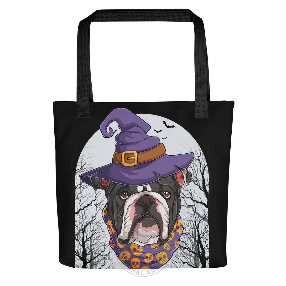 Halloween Witch Bulldog Tote Bag | English Bulldog · Black &amp; White · Male
