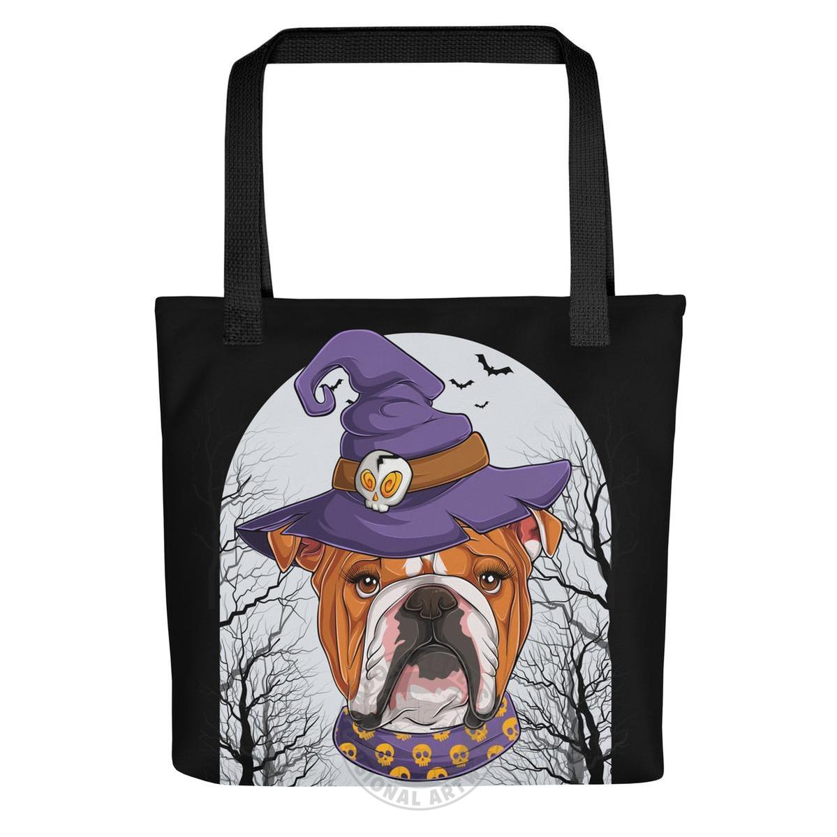 Halloween Witch Bulldog Tote Bag | English Bulldog · Red &amp; White · Female