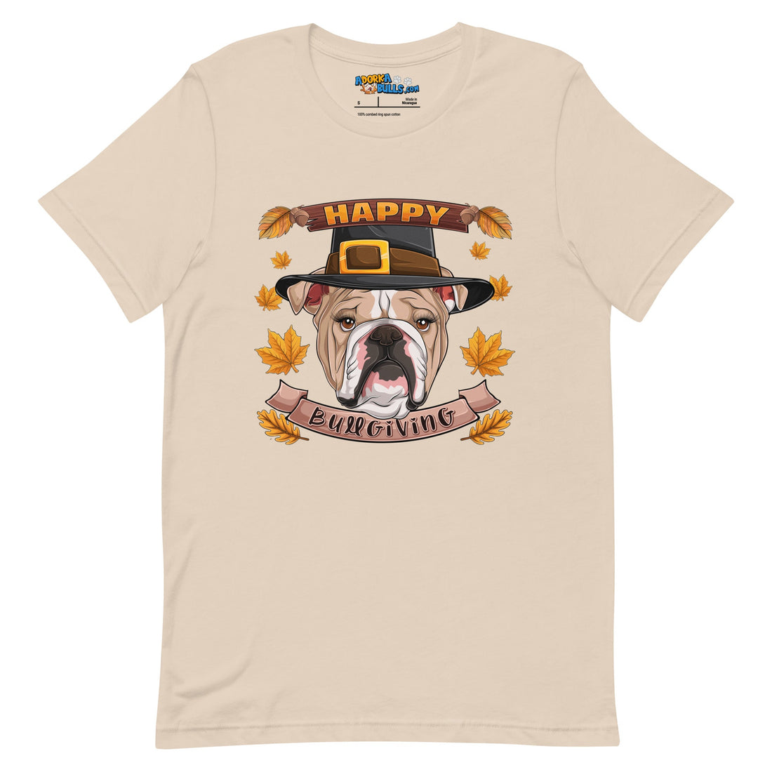 "Happy Bullgiving" English Bulldog Unisex Tee | Fawn & White Colored Female