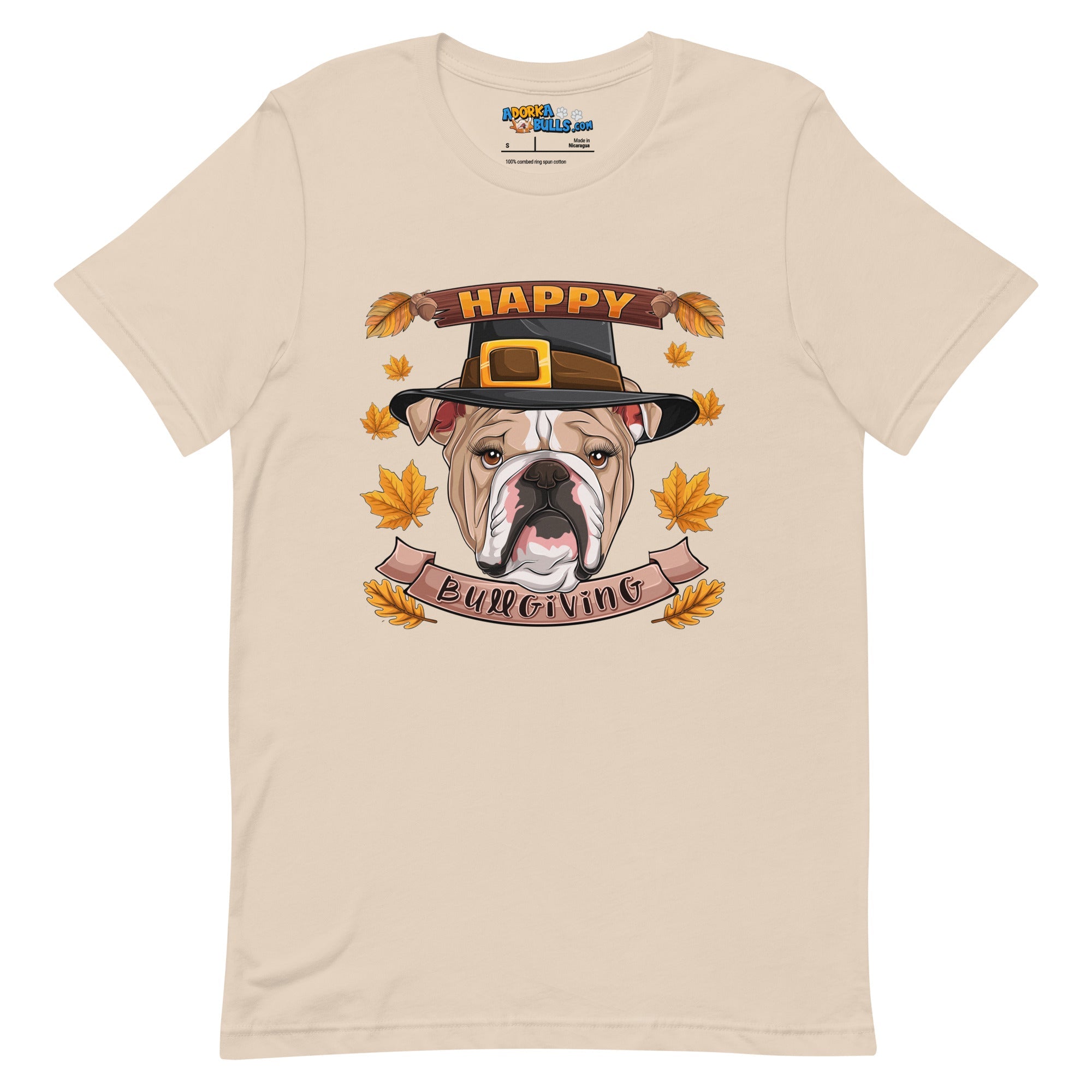 &quot;Happy Bullgiving&quot; English Bulldog Unisex Tee | Fawn &amp; White Colored Female