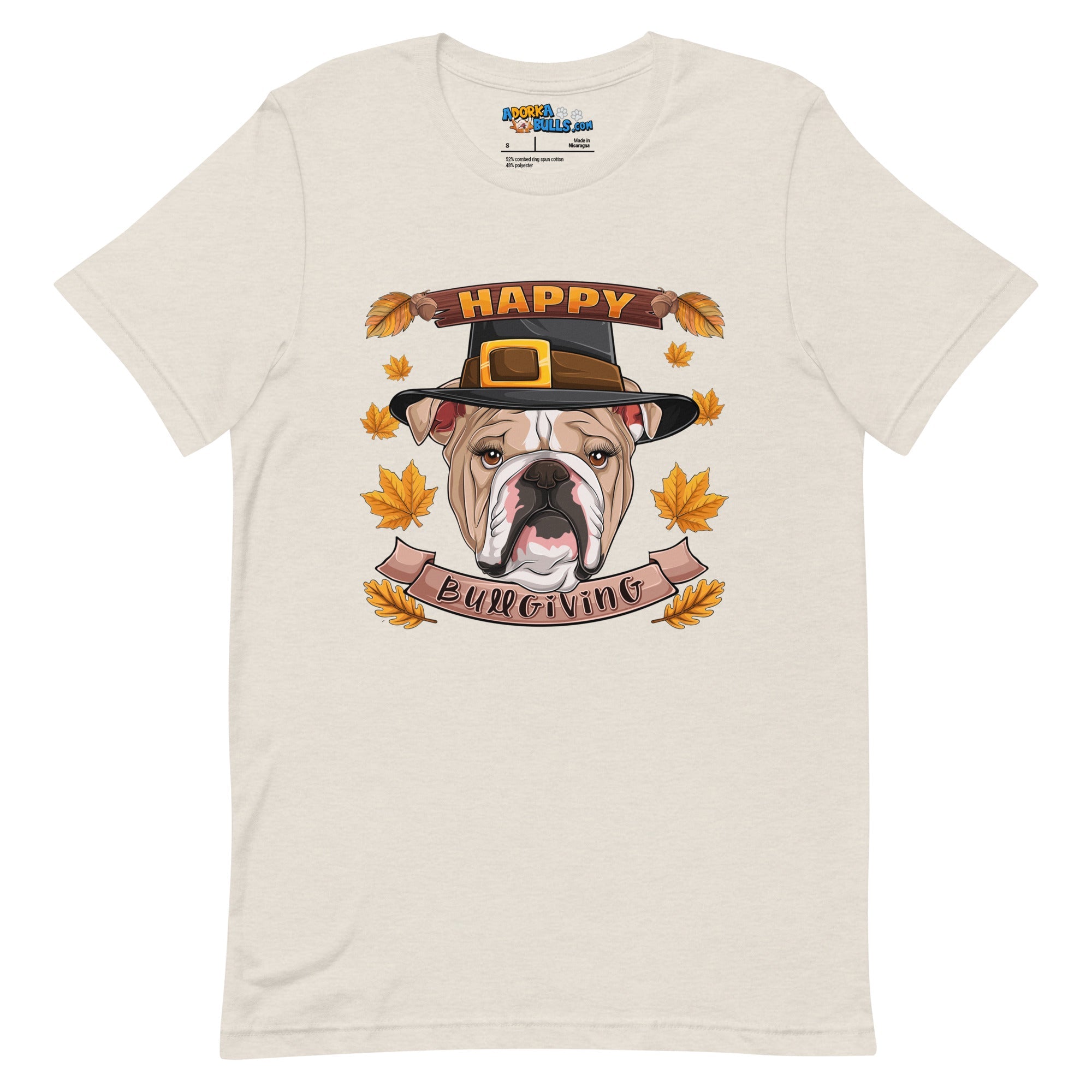 &quot;Happy Bullgiving&quot; English Bulldog Unisex Tee | Fawn &amp; White Colored Female