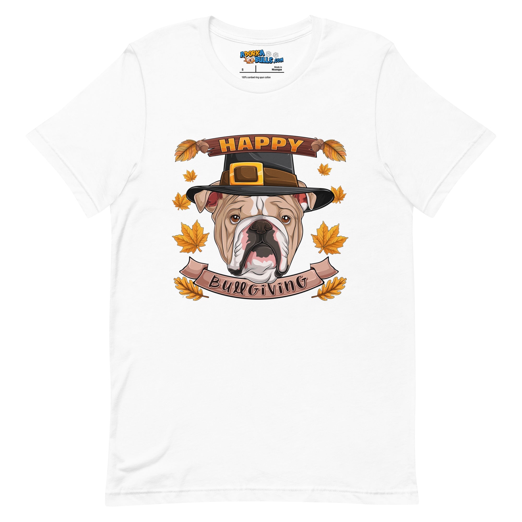 &quot;Happy Bullgiving&quot; English Bulldog Unisex Tee | Fawn &amp; White Colored Male