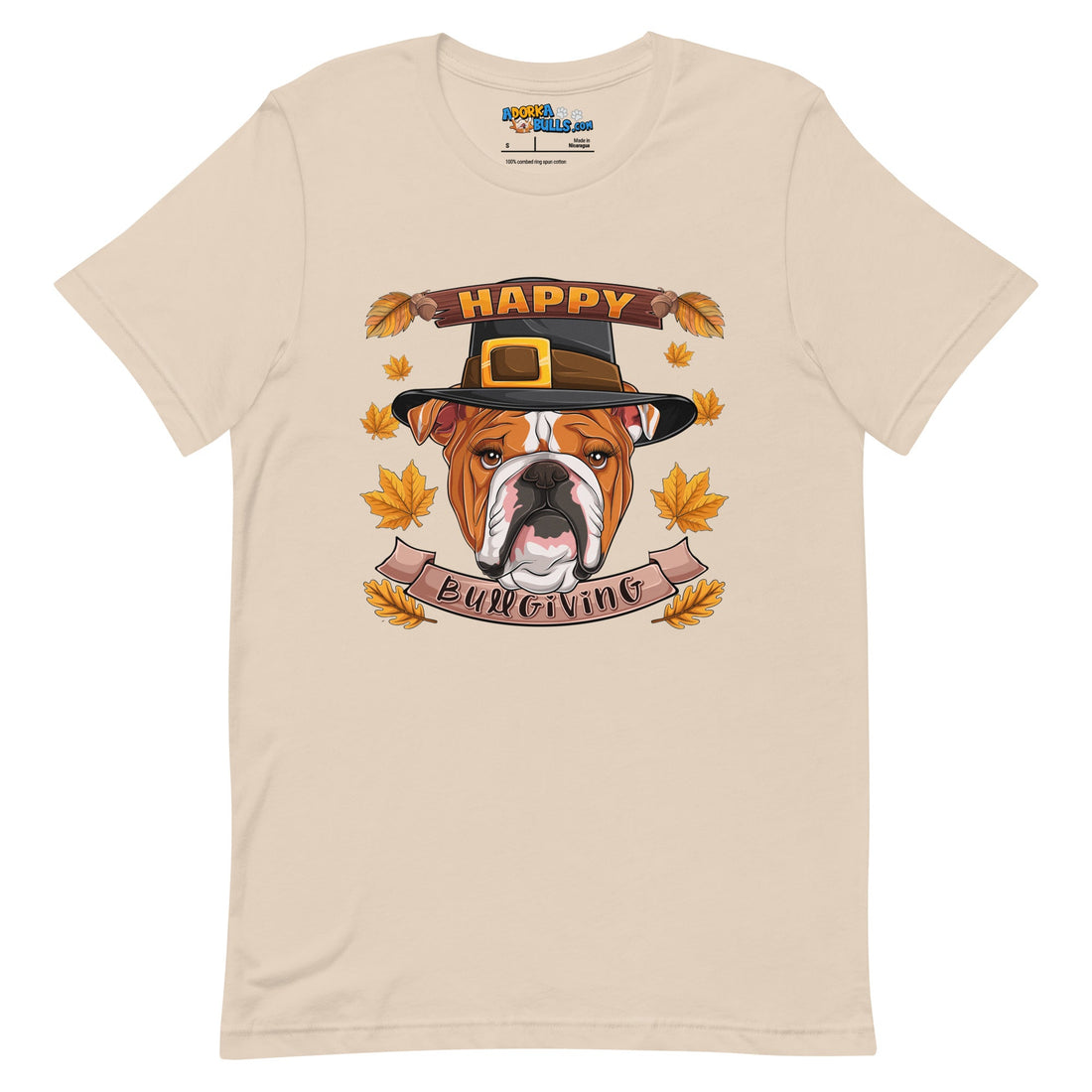 "Happy Bullgiving" English Bulldog Unisex Tee | Red & White Colored Female